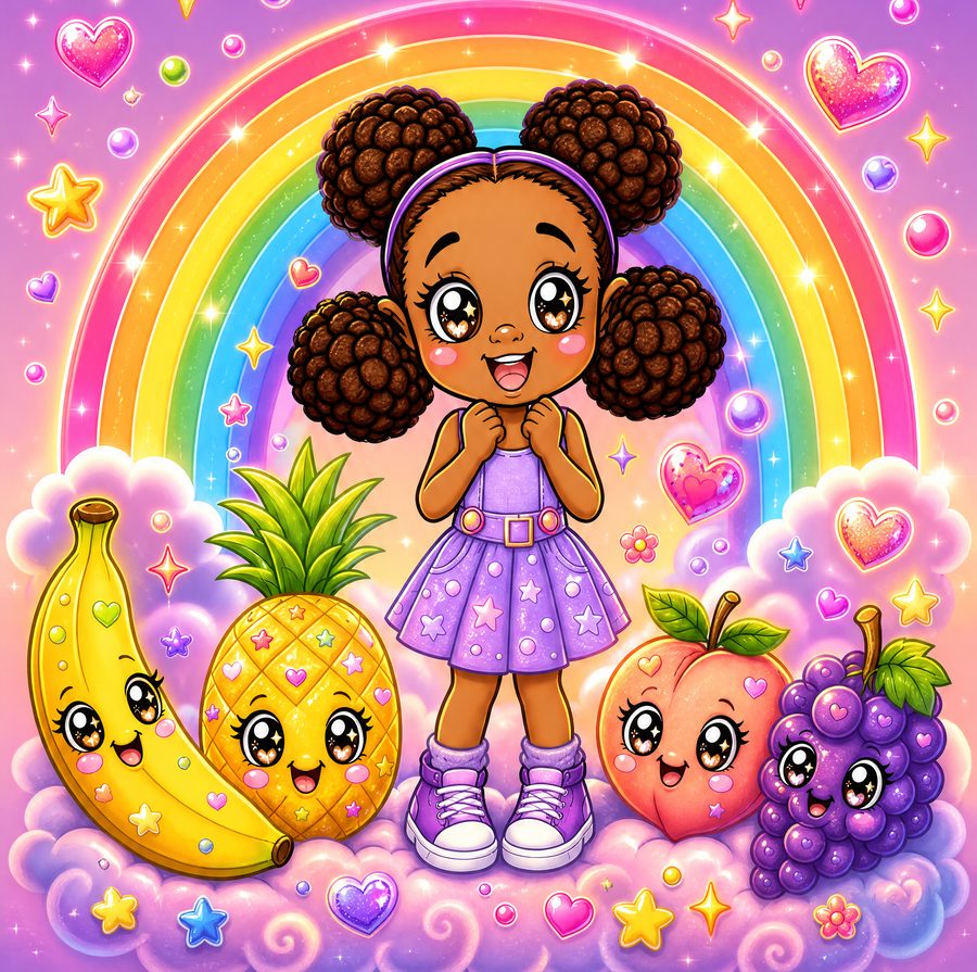 Nolly Lynn, a smiling girl with four afro puffs, standing in front of a rainbow with a banana, pineapple, peach and grapes that have happy faces